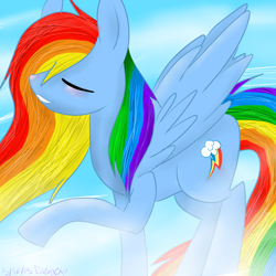 Size: 2000x2000 | Tagged: safe, artist:neko-apocalypse, imported from derpibooru, rainbow dash, pegasus, pony, alternate hairstyle, backwards cutie mark, eyes closed, female, long mane, mare, raised hoof, sky, smiling, solo, spread wings, windswept mane, wings