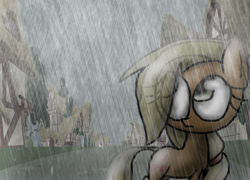 Size: 2119x1526 | Tagged: safe, artist:mushroomcookiebear, imported from derpibooru, applejack, earth pony, pony, female, hatless, looking up, mare, missing accessory, ponyville, rain, solo, wet, wet mane