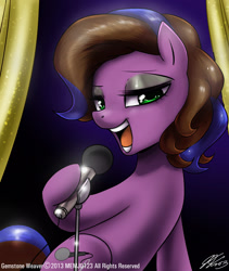 Size: 1200x1422 | Tagged: safe, artist:johnjoseco, imported from derpibooru, oc, oc only, oc:gem, earth pony, pony, bedroom eyes, female, hoof hold, looking at you, mare, memj0123, microphone, singing, solo