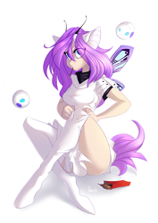 Size: 2480x3507 | Tagged: safe, artist:crazy-leg, artist:tkachenko, imported from derpibooru, oc, oc only, oc:ipsylon, anthro, cyborg, original species, ponymorph, unguligrade anthro, angry, breasts, butterfly wings, clothes, drone, female, food, pocky, stockings, thigh highs, tsundere