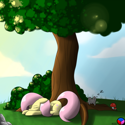 Size: 1024x1024 | Tagged: safe, artist:genericmlp, imported from derpibooru, fluttershy, pony, rabbit, eyes closed, female, folded wings, mushroom, prone, sleeping, solo, tree, under the tree, zzz