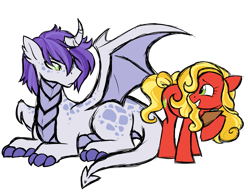 Size: 1967x1527 | Tagged: safe, artist:azure-art-wave, imported from derpibooru, oc, oc only, oc:amethyst, oc:sweet bailey, dracony, earth pony, hybrid, pony, female, male, mare, offspring, parent:applejack, parent:jet set, parents:applejet, prone, simple background, transparent background