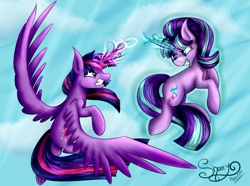 Size: 1024x762 | Tagged: safe, artist:shamy-crist, imported from derpibooru, starlight glimmer, twilight sparkle, alicorn, pony, the cutie re-mark, flying, levitation, magic, scene interpretation, self-levitation, telekinesis, twilight sparkle (alicorn)