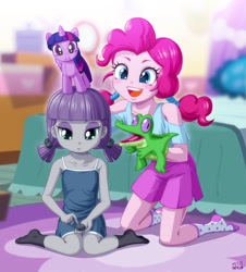 Size: 1200x1326 | Tagged: safe, artist:uotapo, imported from derpibooru, gummy, maud pie, pinkie pie, twilight sparkle, alicorn, pony, equestria girls, 4de, age swap, blouse, boulder (g4), clothes, cute, diapinkes, dress, duo, female, hand puppet, maudabetes, pigtails, plushie, puppet, rock, role reversal, shorts, sisters, skirt, socks, that pony sure does love rocks, twilight sparkle (alicorn), twilight sparkle plushie, twintails, uotapo is trying to murder us, younger