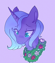 Size: 2457x2808 | Tagged: safe, artist:yomitai, imported from derpibooru, princess luna, alicorn, pony, friendship is magic, blushing, bust, cute, female, floral necklace, flower, flower necklace, high res, lunabetes, portrait, rose, s1 luna, simple background, solo, wreath