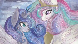 Size: 4800x2700 | Tagged: safe, artist:cityofdreams, imported from derpibooru, princess celestia, princess luna, alicorn, pony, absurd resolution, duo, female, looking at each other, sisters, smiling