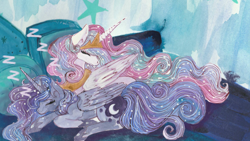 Size: 4800x2700 | Tagged: safe, artist:cityofdreams, imported from derpibooru, princess celestia, princess luna, alicorn, pony, absurd resolution, bed, colored pupils, duo, female, mare, sleeping, zzz