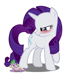 Size: 2185x2463 | Tagged: safe, artist:alexbroanimator, imported from derpibooru, rarity, spike, dragon, pony, unicorn, angry, blushing, female, giant pony, macro, male, mare, show accurate, simple background, size difference, smaller male, transparent background