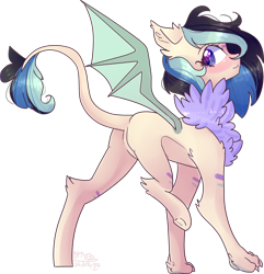 Size: 1902x1976 | Tagged: safe, artist:emily-826, imported from derpibooru, oc, oc only, original species, bat wings, butt, chest fluff, female, paws, plot, raised leg, simple background, solo, transparent background