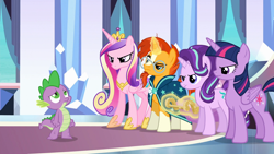 Size: 1920x1080 | Tagged: safe, imported from derpibooru, screencap, princess cadance, princess flurry heart, spike, starlight glimmer, sunburst, twilight sparkle, alicorn, dragon, pony, the times they are a changeling, angry, crown, crystal castle, frown, glare, jewelry, light, looking up, magic, raised eyebrow, reaction, regalia, sisters-in-law, sleeping, telekinesis, twilight sparkle (alicorn)