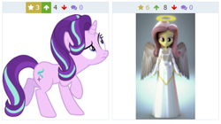 Size: 436x244 | Tagged: safe, artist:cloudy glow, artist:cloudyglow, artist:efk-san, imported from derpibooru, fluttershy, starlight glimmer, pony, derpibooru, angel, juxtaposition, meta, vector