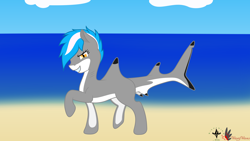 Size: 14222x8000 | Tagged: safe, artist:nightwind-arts, artist:waveywaves, imported from derpibooru, oc, oc only, oc:shimmer, original species, shark pony, absurd resolution, beach, female, mare, pose, solo, vector