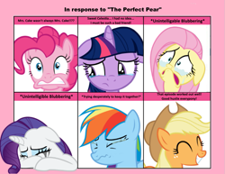 Size: 1019x785 | Tagged: safe, imported from derpibooru, applejack, fluttershy, pinkie pie, rainbow dash, rarity, twilight sparkle, earth pony, pegasus, pony, unicorn, the perfect pear, 6 pony meme, applejack cries on the inside, comically missing the point, crying, crying inside, exploitable meme, female, floppy ears, grin, makeup, mane six, mare, mascarity, meme, one of these things is not like the others, running makeup, sad, smiling