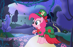 Size: 5096x3272 | Tagged: safe, artist:diamondwolf2990, imported from derpibooru, pinkie pie, earth pony, pony, absurd resolution, alice in wonderland, base used, clothes, crossover, dress, female, grin, hat, high res, mad hatter, mare, smiling, solo, top hat