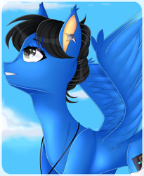 Size: 1050x1280 | Tagged: safe, artist:clefficia, imported from derpibooru, oc, oc only, oc:sonica, pegasus, pony, art trade, bust, cloud, ear piercing, female, mare, piercing, portrait, sky, smiling, solo