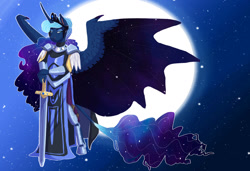 Size: 1280x876 | Tagged: safe, artist:earthsong9405, imported from derpibooru, princess luna, alicorn, anthro, unguligrade anthro, armor, clothes, cloven hooves, ethereal mane, female, full moon, hybrid wings, leonine tail, mare, moon, solo, starry backdrop, starry mane, starry wings, sword, warrior luna, weapon, wing claws