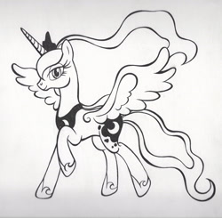 Size: 2536x2481 | Tagged: safe, artist:deannaphantom13, imported from derpibooru, princess luna, alicorn, pony, female, looking at you, mare, monochrome, simple background, smiling, solo, traditional art, white background