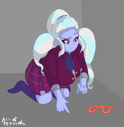 Size: 890x910 | Tagged: safe, artist:penlink, imported from derpibooru, sugarcoat, equestria girls, breasts, busty sugarcoat, clothes, crystal prep academy uniform, female, glasses, kneeling, school uniform, socks, solo