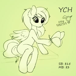 Size: 1024x1024 | Tagged: safe, artist:drawsyraccoon, imported from derpibooru, oc, oc only, butterfly, pony, advertisement, monochrome, your character here