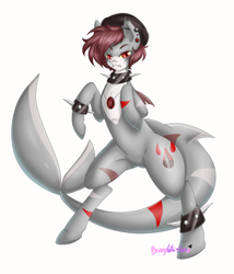 Size: 1024x1194 | Tagged: safe, artist:bunnywhiskerz, imported from derpibooru, oc, oc only, oc:hex, original species, pony, shark pony, commission, fangs, hat, looking at you, simple background, solo, spiked wristband, white background, wristband