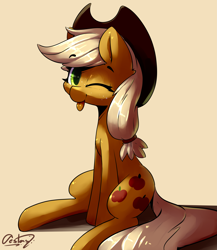 Size: 3483x4007 | Tagged: safe, artist:bloodatius, artist:luxaestas, imported from derpibooru, applejack, earth pony, pony, absurd resolution, cowboy hat, cute, female, hat, jackabetes, looking at you, mare, one eye closed, sitting, solo, stetson, tongue out, wink