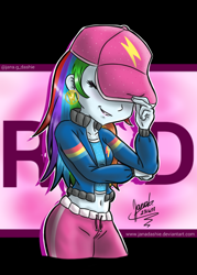 Size: 800x1118 | Tagged: safe, artist:janadashie, imported from derpibooru, rainbow dash, dance magic, equestria girls, spoiler:eqg specials, baseball cap, belly button, cap, clothes, cute, ear piercing, eyes closed, female, hat, pants, piercing, rapper, rapper dash, signature, solo