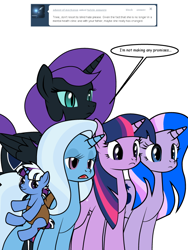 Size: 600x800 | Tagged: safe, artist:dekomaru, imported from derpibooru, trixie, twilight sparkle, oc, oc:midnight, oc:nyx, alicorn, pony, tumblr:ask twixie, ask, female, lesbian, magical lesbian spawn, offspring, parent:trixie, parent:twilight sparkle, parents:twixie, shipping, tumblr, twixie