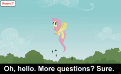 Size: 1600x973 | Tagged: safe, imported from derpibooru, fluttershy, pegasus, pony, comic:celestia's servant interview, caption, cs captions, female, flying, interview, leaf, mare, solo, tree