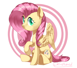 Size: 1166x1030 | Tagged: safe, artist:clamiclami3, imported from derpibooru, fluttershy, pony, female, looking at you, looking sideways, raised hoof, sitting, smiling, solo, spread wings, wings