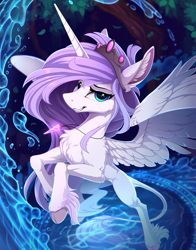 Size: 1760x2250 | Tagged: safe, artist:yakovlev-vad, imported from derpibooru, oc, oc only, oc:iridae, alicorn, pony, alicorn oc, cheek fluff, chest fluff, cloven hooves, commission, crown, crystal, ear fluff, female, fluffy, flying, grin, leg fluff, leonine tail, lidded eyes, looking at you, mare, necklace, patreon reward, regalia, smiling, smirk, solo, spread wings, unshorn fetlocks, water, wings