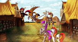 Size: 2000x1090 | Tagged: safe, artist:shivannie, imported from derpibooru, oc, oc only, pony, armor, barrel, building, butt, commission, hoof hold, onslaught, plot, rearing, signature, spear, weapon