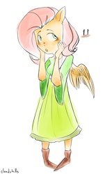 Size: 2000x3100 | Tagged: safe, artist:cloudyhills, imported from derpibooru, fluttershy, anthro, human, art, boots, clothes, dress, embarrassed, female, humanized, open mouth, shoes, solo