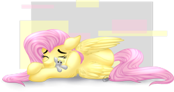 Size: 1024x544 | Tagged: safe, artist:seeyoumonday, imported from derpibooru, derpy hooves, fluttershy, pegasus, pony, abstract background, eyes closed, female, floppy ears, mare, plushie, pony holding plushie, prone, sleeping, solo