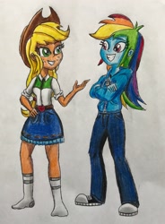 Size: 2177x2963 | Tagged: safe, artist:bozzerkazooers, imported from derpibooru, applejack, rainbow dash, equestria girls, belt, clothes, converse, cowboy hat, crossed arms, denim skirt, duo, freckles, hat, pants, shoes, skirt, sneakers, socks, stetson, traditional art