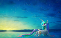 Size: 1900x1200 | Tagged: safe, artist:scheadar, imported from derpibooru, princess celestia, alicorn, pony, female, lake, looking back, mare, scenery, solo, sunrise, twilight (astronomy), water, wet mane