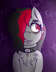 Size: 652x830 | Tagged: safe, artist:lazerblues, imported from derpibooru, oc, oc only, oc:miss eri, pony, bags under eyes, black and red mane, blushing, chest fluff, choker, collar, solo, two toned mane