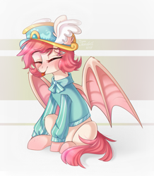 Size: 1024x1177 | Tagged: safe, artist:ten-dril, imported from derpibooru, oc, oc only, bat pony, pony, clothes, female, hat, mare, sitting, solo