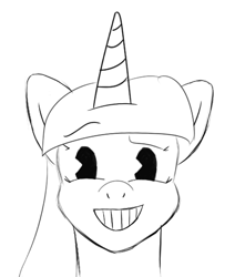 Size: 416x491 | Tagged: artist needed, safe, imported from derpibooru, twilight sparkle, pony, 4chan, bendy and the ink machine, drawthread, female, looking at you, monochrome, smiling, solo