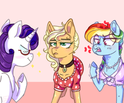 Size: 3600x3000 | Tagged: safe, artist:yomitai, imported from derpibooru, applejack, rainbow dash, rarity, earth pony, pegasus, pony, unicorn, alternate hairstyle, angry, applejack also dresses in style, clothes, collar, cross-popping veins, dress, eyes closed, female, high res, jewelry, makeover, mare, necklace, pearl necklace, rainbow dash always dresses in style, tomboy taming