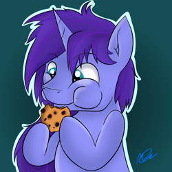 Size: 1936x1936 | Tagged: safe, artist:wulfanite, imported from derpibooru, oc, oc only, oc:seafood dinner, pony, unicorn, cookie, cute, eating, food, hoof hold, horn, male, puffy cheeks, request, solo, stallion, unicorn oc