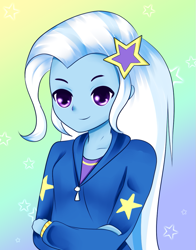 Size: 827x1055 | Tagged: safe, artist:electricshine, imported from derpibooru, trixie, equestria girls, bust, clothes, colored pupils, crossed arms, female, gradient background, hoodie, portrait, smiling, smirk, solo