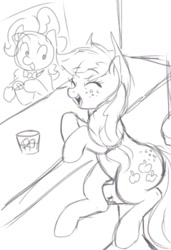 Size: 744x1089 | Tagged: artist needed, safe, imported from derpibooru, applejack, pinkie pie, earth pony, pony, 4chan, bar, cowboy hat, cup, drawthread, hat, ice, monochrome, open mouth, sitting, sketch, smiling, stetson