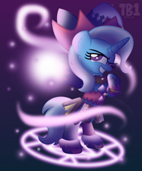 Size: 2663x3210 | Tagged: safe, artist:bubbly-storm, imported from derpibooru, trixie, pony, unicorn, bipedal, book, clothes, colored pupils, female, gradient background, grin, magic, magic circle, magilou mayvin, mare, raised hoof, reference, skirt, smiling, solo, tales of berseria