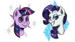 Size: 1440x810 | Tagged: safe, artist:pixelfails, imported from derpibooru, rarity, twilight sparkle, pony, unicorn, bust, cutie mark background, duo, looking at you, portrait, simple background, smiling, white background