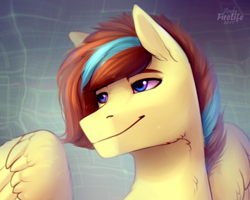 Size: 1000x800 | Tagged: safe, artist:andyfirelife, artist:fenwaru, imported from derpibooru, oc, oc only, oc:cloud circuit, pegasus, pony, abstract background, bust, male, portrait, smiling, solo, spread wings, stallion, wings