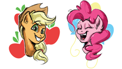 Size: 1440x810 | Tagged: safe, artist:pixelfails, imported from derpibooru, applejack, pinkie pie, earth pony, pony, bust, cutie mark background, duo, eyes closed, laughing, looking at you, open mouth, portrait, simple background, smiling, white background