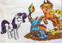 Size: 3282x2274 | Tagged: safe, artist:bozzerkazooers, imported from derpibooru, applejack, rainbow dash, rarity, pony, art trade, makeup, mud, shocked, traditional art