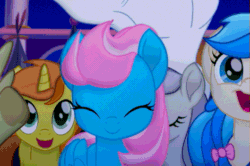 Size: 529x352 | Tagged: safe, imported from derpibooru, screencap, blueberry fritter, bulk biceps, nougat praliné, wind whistler (g4), pegasus, pony, unicorn, my little pony: the movie, animated, background pony, character named in the comments, cropped, cute, excited, eyes closed, female, gif, happy, heart, heart hoof, hoof heart, horses doing horse things, looking up, male, mare, name suggestion in the comments, open mouth, perfect loop, running, running in place, smiling, solo focus, spread wings, stallion, stomping, underhoof, unnamed character, unnamed pony, wings