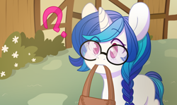 Size: 1084x648 | Tagged: safe, artist:lolopan, imported from derpibooru, dj pon-3, vinyl scratch, pony, unicorn, adorkable, alternate hairstyle, bag, braid, colored pupils, confused, cute, dork, featured image, female, filly, frown, glasses, meganekko, mouth hold, nerd, question mark, solo, vinylbetes, younger