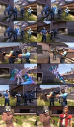 Size: 2728x4648 | Tagged: safe, artist:jackass67, imported from derpibooru, princess celestia, pony, comic:the crate, crossover, demoman, engineer, heavy weapons guy, medic, pyro, scout, sniper, soldier, spy, team fortress 2